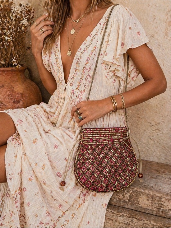 Unknown Handbags - Vintage Pink Gold Beaded Evening Bag Clutch Boho Glam Formal Statement Purse